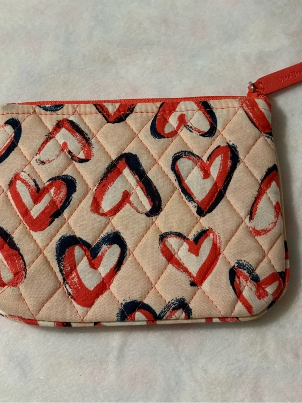 Vera Bradley Quilted Heart Print Zip Pouch Cosmetic Bag Red Navy